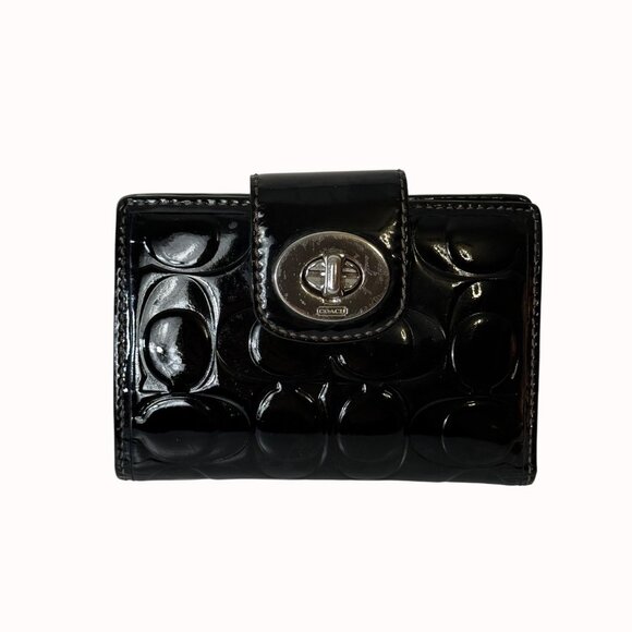 Coach Black Patent Leather Wallet Trifold Turnlock Closure Embossed Signature - Picture 1 of 16